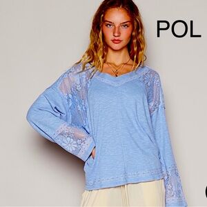 POL Light Blue Lace Sleeve Long Sleeve Top size M